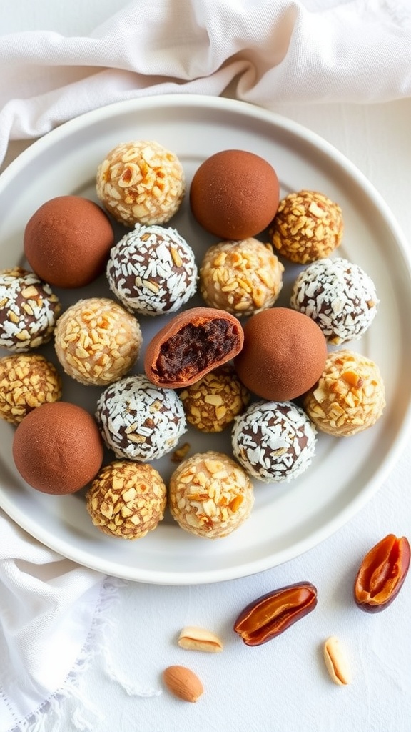 Decadent Date and Nut Truffles Recipe A visually appealing plate of date and nut truffles rolled in nuts and coconut, on a rustic table.